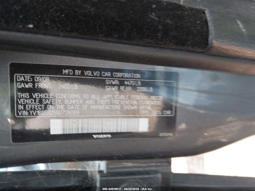 2009 Volvo S60 2.5T/2.5T Special Edition VIN: YV1RS592592728069 Lot: 44926017