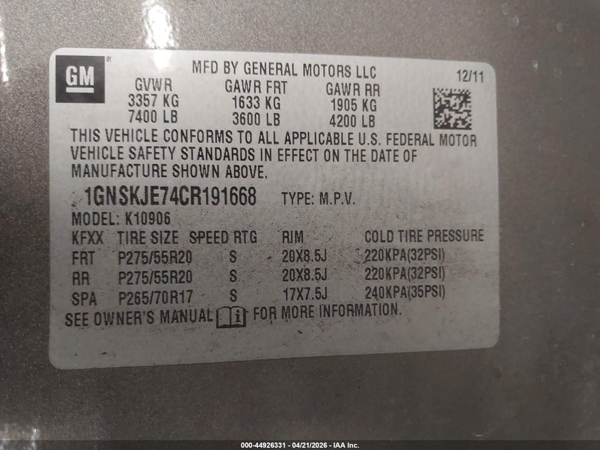 2012 Chevrolet Express 5.3 Suburban 1500 Lt grey Lot 111044926331 Vin 1GNSKJE74CR191668