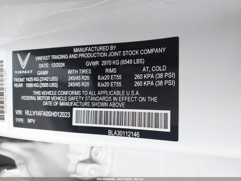 2025 VINFAST VF 8(VIN: RLLV1AFA0SH012023