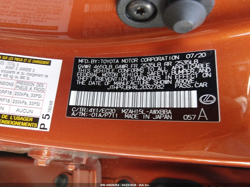2020 Lexus Ux 250H VIN: JTHP9JBHXL2032782 Lot: 44926364