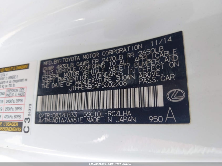 2015 Lexus Rc 350 VIN: JTHHE5BC6F5002208 Lot: 44926519