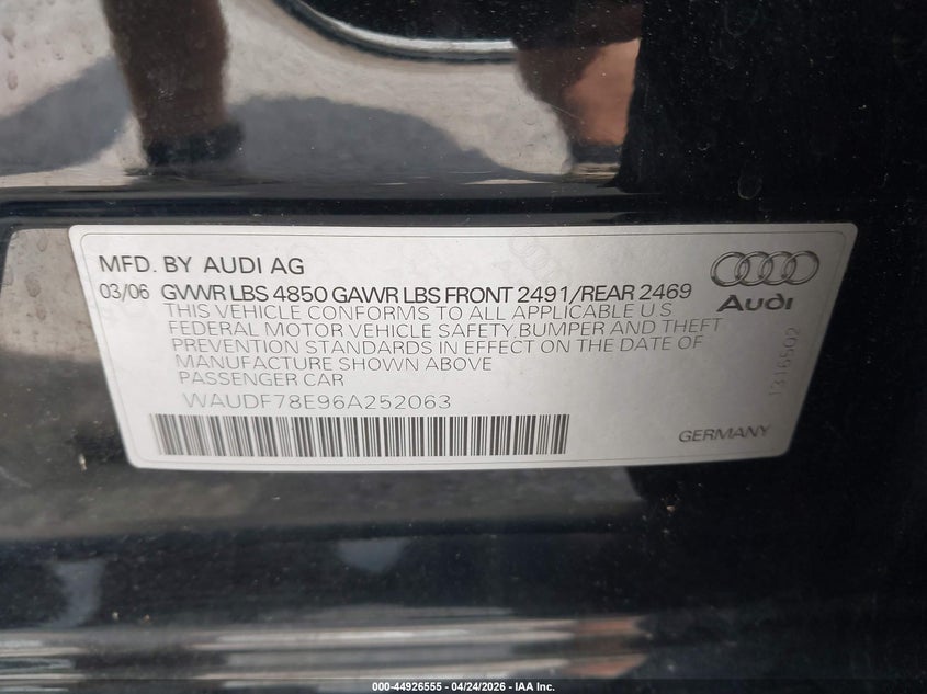 2006 Audi A4 2.0T VIN: WAUDF78E96A252063 Lot: 44926555