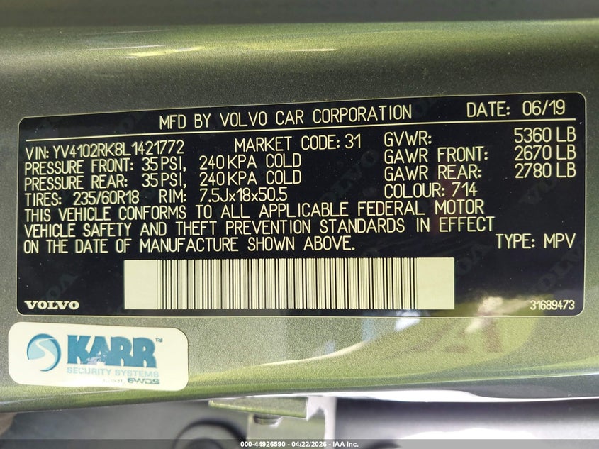 2020 Volvo Xc60 T5 Momentum VIN: YV4102RK8L1421772 Lot: 44926590