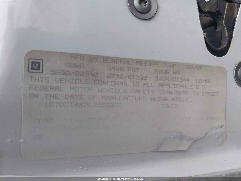 1990 GMC Sierra C1500 VIN: 1GTDC14K7LZ500330 Lot: 44926789