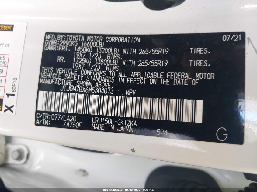 2021 Lexus Gx 460 Luxury VIN: JTJGM7BX6M5304073 Lot: 44926940