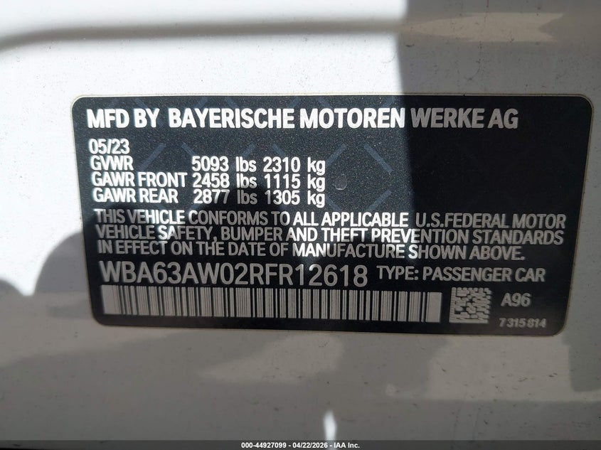 2024 BMW M440I GRAN COUPE 3.0L I-6 DI, DOHC, V(VIN: WBA63AW02RFR12618