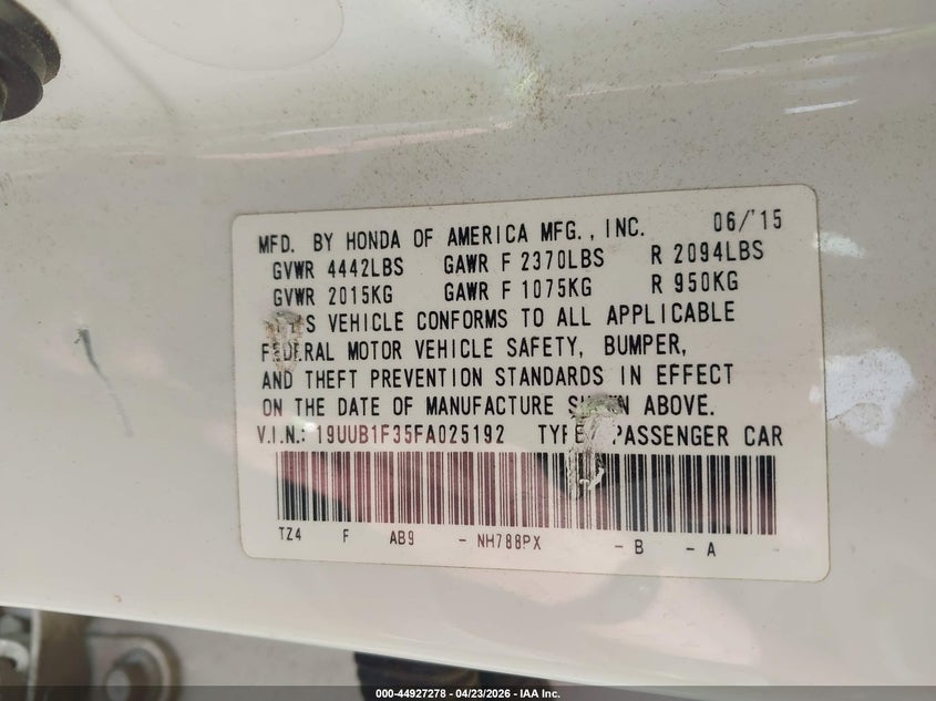 2015 ACURA TLX SEDAN 2.4L I-4 DI, DOHC, VVT, 206HP