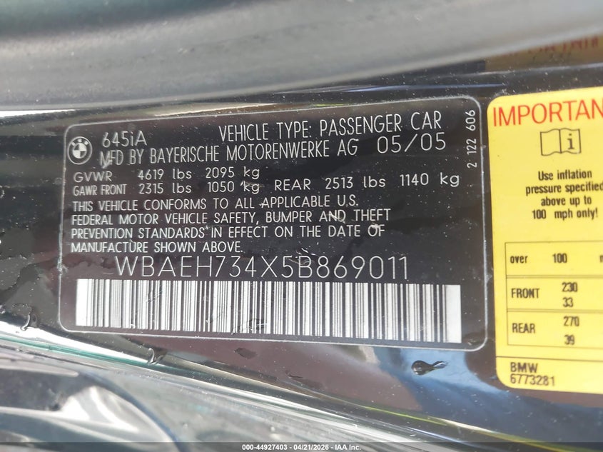 2005 BMW 645Ci VIN: WBAEH734X5B869011 Lot: 44927403