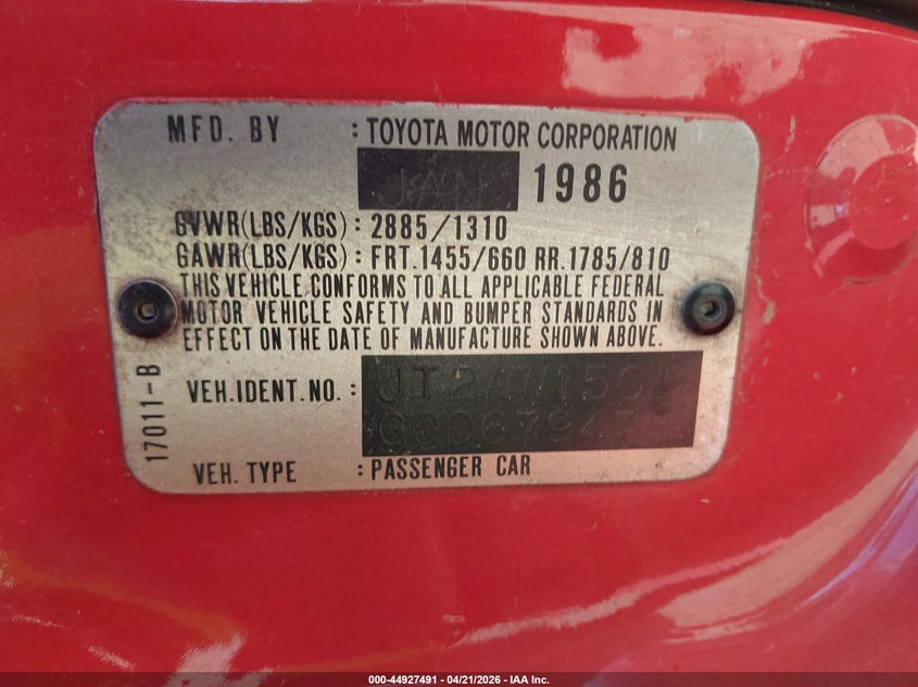 1986 Toyota Mr2 VIN: JT2AW15C1G0067947 Lot: 44927491