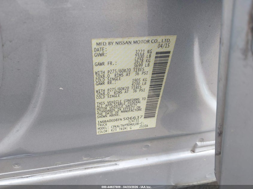 2015 Nissan Titan Sv VIN: 1N6BA0ED8FN506637 Lot: 44927809