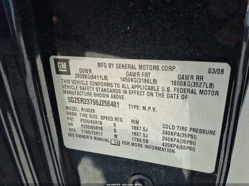 2008 Saturn Outlook Xr VIN: 5GZER23798J256481 Lot: 44927878