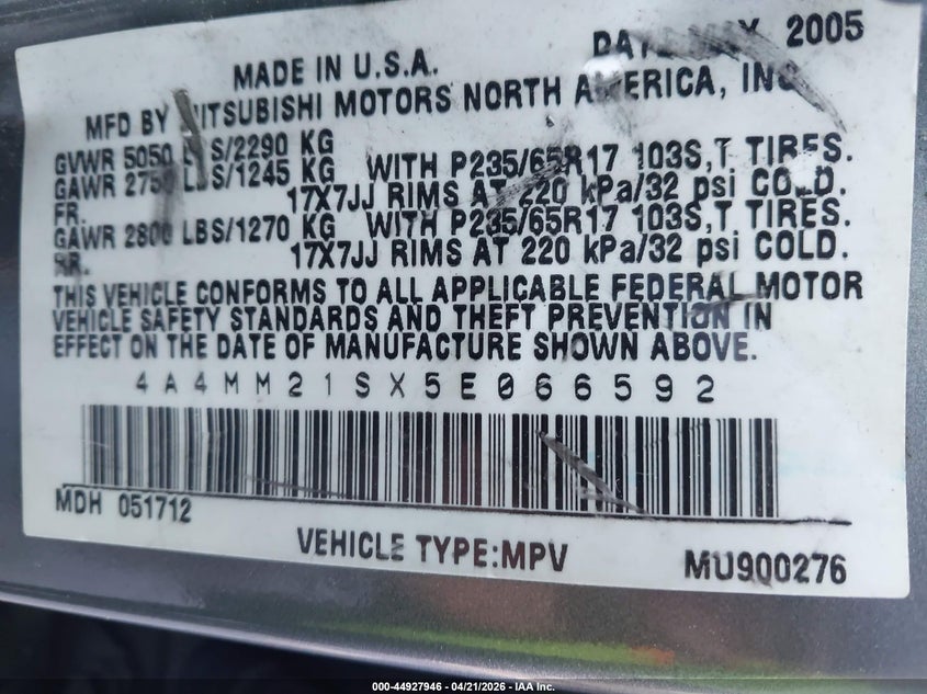 2005 Mitsubishi Endeavor Ls VIN: 4A4MM21SX5E066592 Lot: 44927946