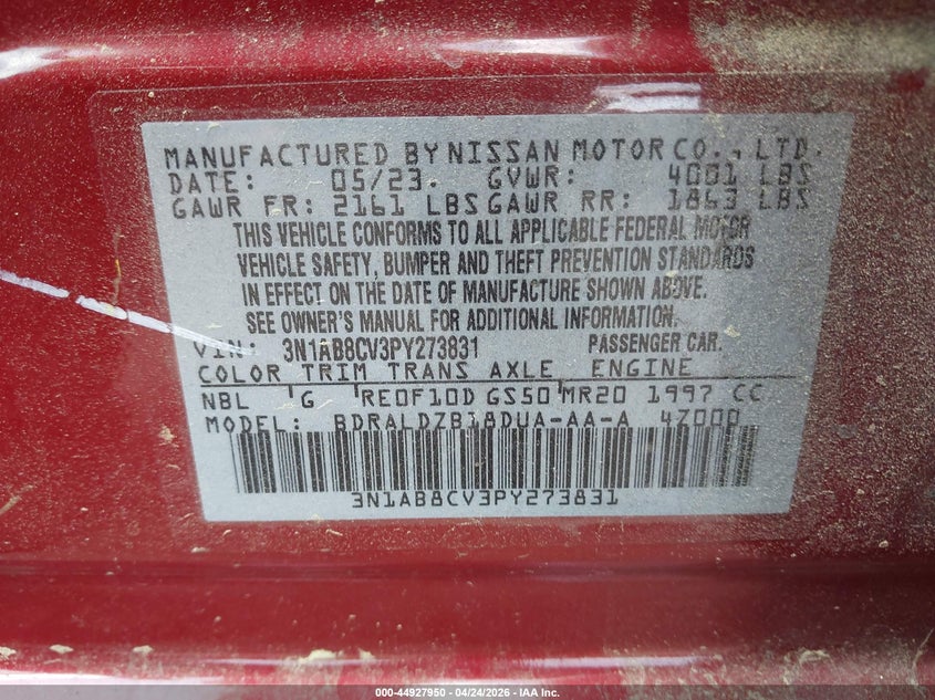 VIN 3N1AB8CV3PY273831 2023 NISSAN SENTRA SV XTRONIC CVT