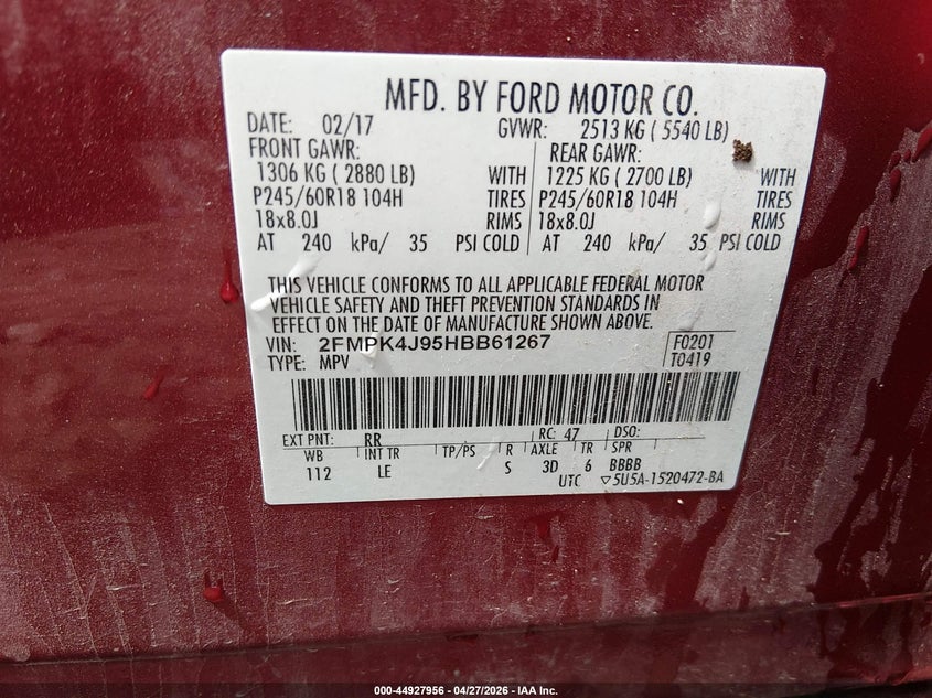 VIN 2FMPK4J95HBB61267 2017 FORD EDGE SEL
