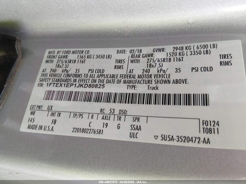 VIN 1FTEX1EP1JKC80825 2018 FORD F-150 LARIAT/XL/XLT