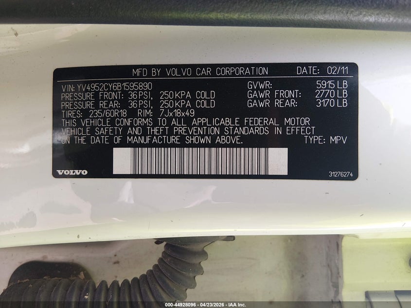 2011 Volvo Xc90 3.2 VIN: YV4952CY6B1595890 Lot: 44928096