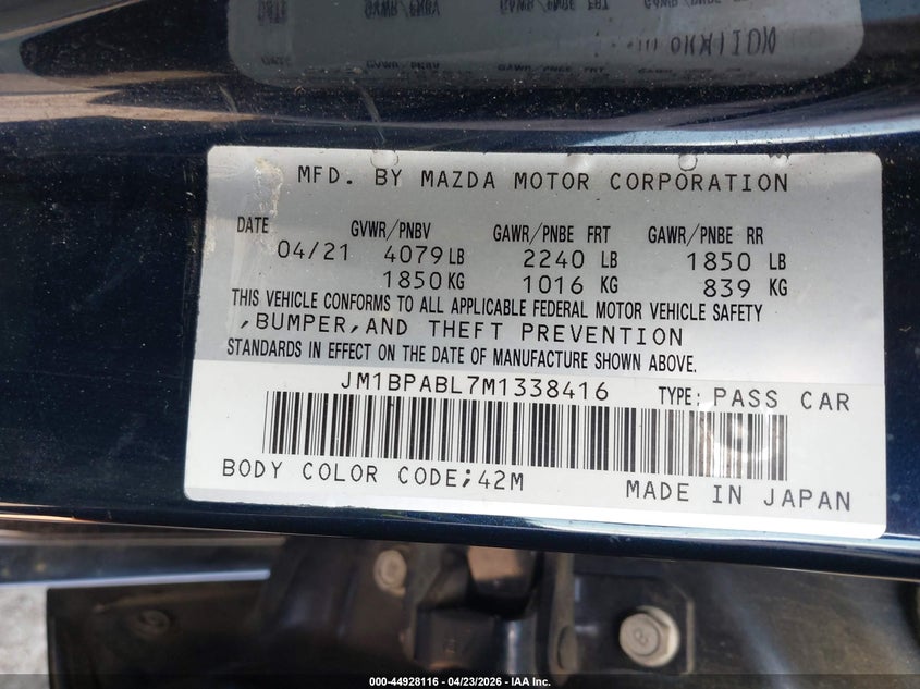 2021 Mazda Mazda3 Select VIN: JM1BPABL7M1338416 Lot: 44928116