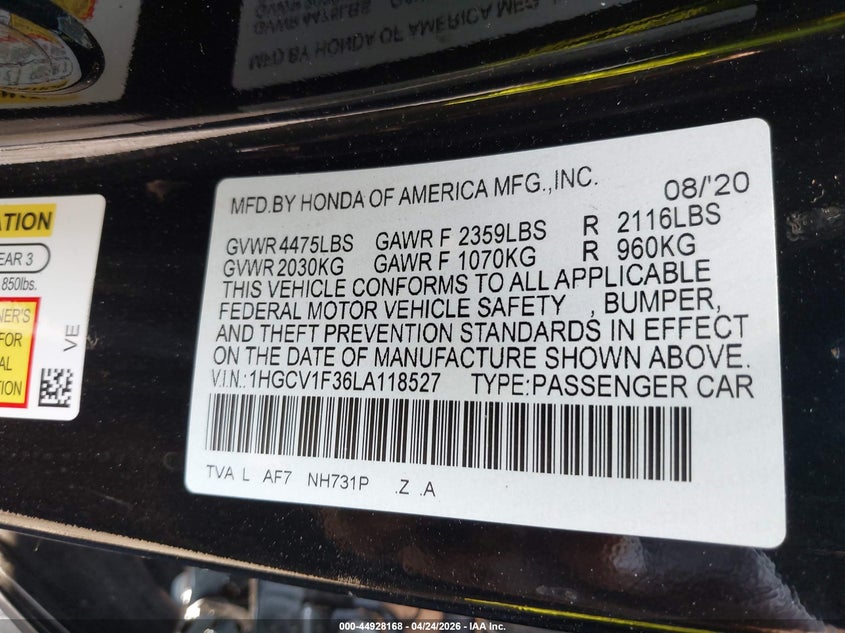 VIN 1HGCV1F36LA118527 2020 HONDA ACCORD SPORT