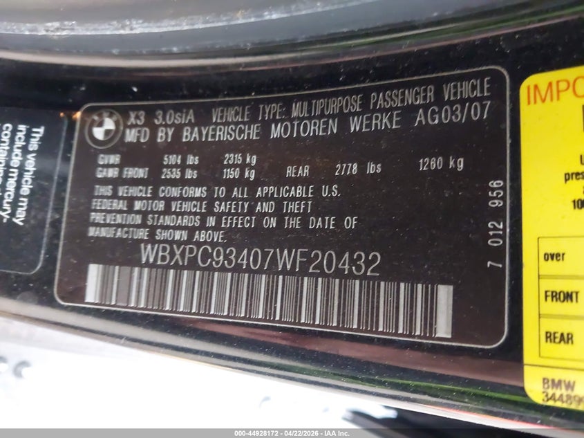 2007 BMW X3 3.0Si VIN: WBXPC93407WF20432 Lot: 44928172