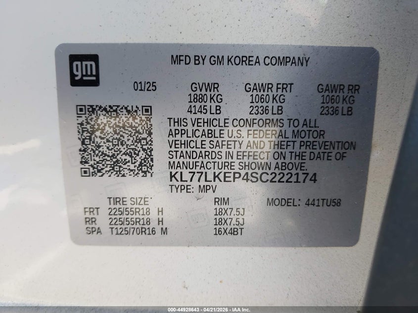 2025 CHEVROLET TRAX 1.2L I-3 DI, DOHC, V(VIN: KL77LKEP4SC222174