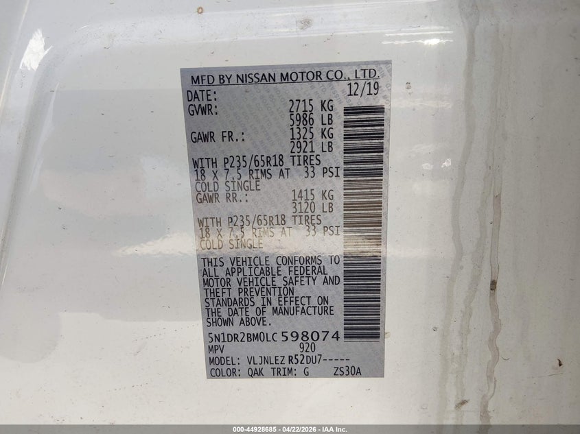 VIN 5N1DR2BM0LC598074 2020 NISSAN PATHFINDER SV 4WD