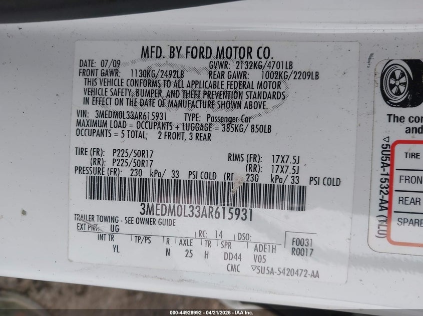 2010 Mercury Milan Hybrid VIN: 3MEDM0L33AR615931 Lot: 44928992