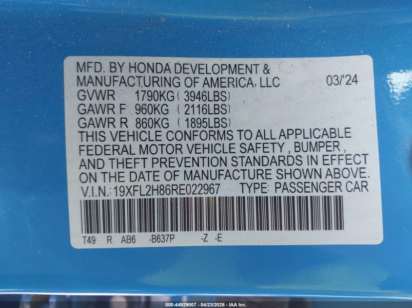 VIN 19XFL2H86RE022967 2024 HONDA CIVIC SPORT