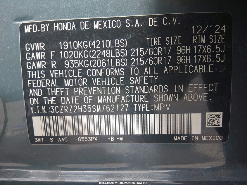 VIN 3CZRZ2H35SM762127 2025 HONDA HR-V AWD LX