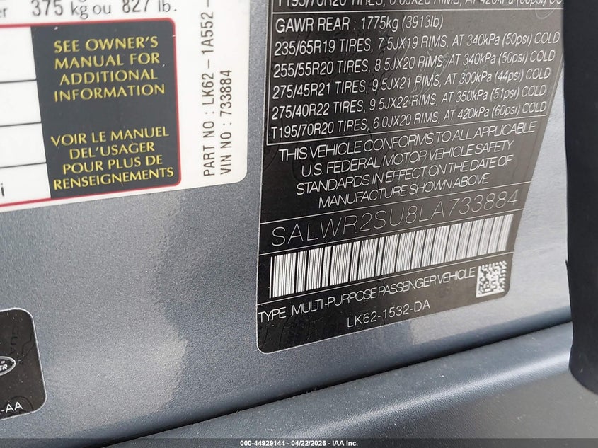 2020 Land Rover Range Rover Sport Hse Mhev VIN: SALWR2SU8LA733884 Lot: 44929144