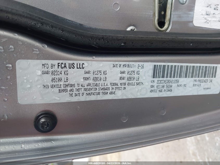 2016 Chrysler 300C VIN: 2C3CCAEG8GH212350 Lot: 44929185