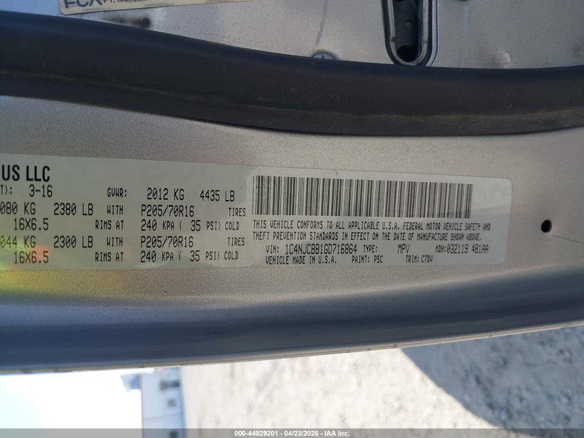 2016 Jeep Compass Sport VIN: 1C4NJCBB1GD716864 Lot: 44929201