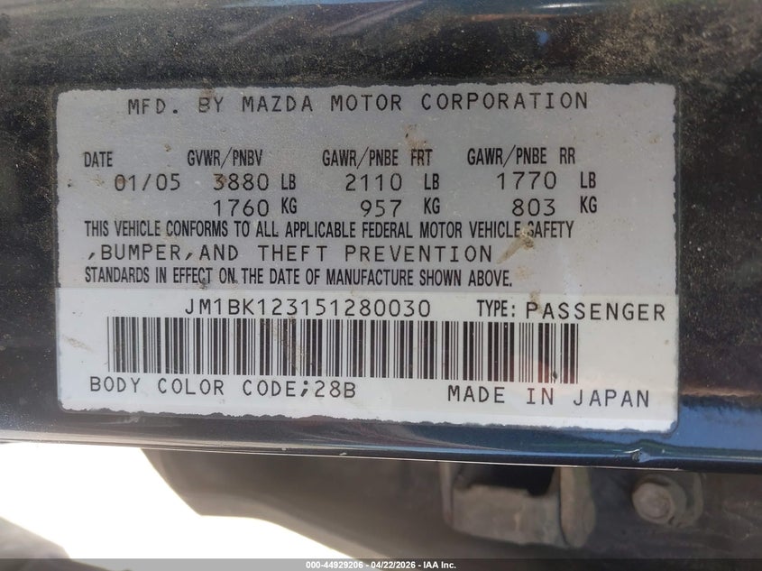 2005 Mazda Mazda3 Sp23 VIN: JM1BK123151280030 Lot: 44929206