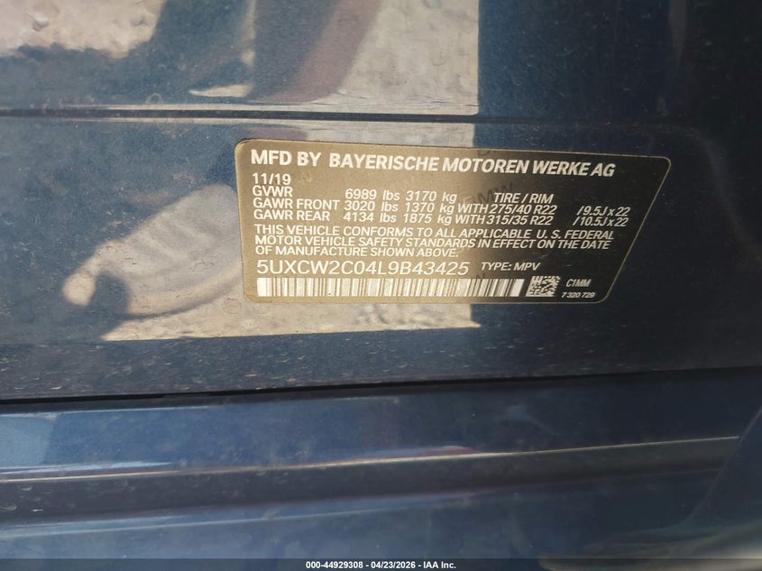 2020 BMW X7 xDrive40I VIN: 5UXCW2C04L9B43425 Lot: 44929308