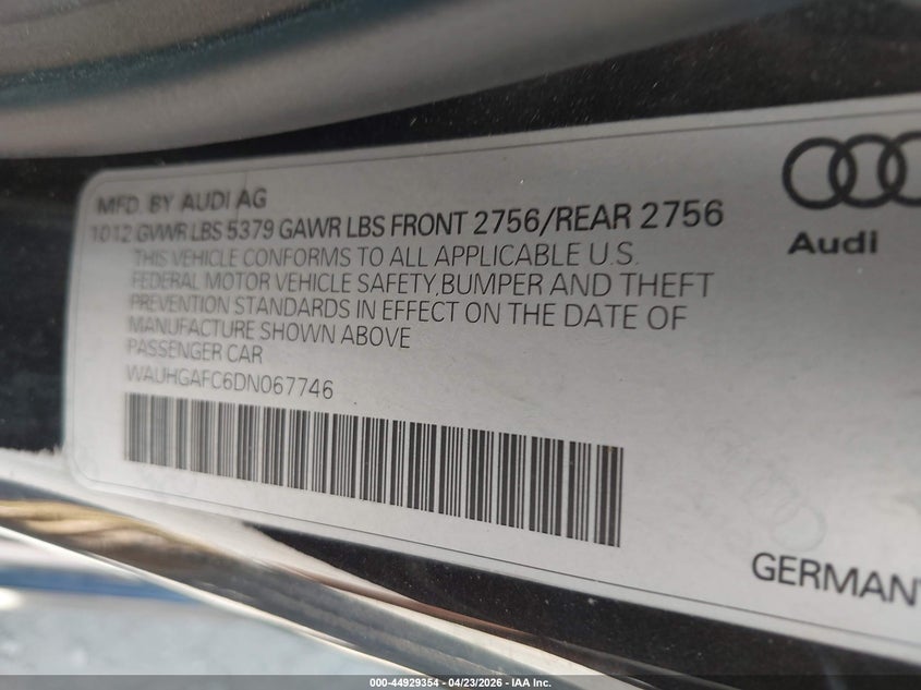 2013 Audi A6 3.0T Premium VIN: WAUHGAFC6DN067746 Lot: 44929354