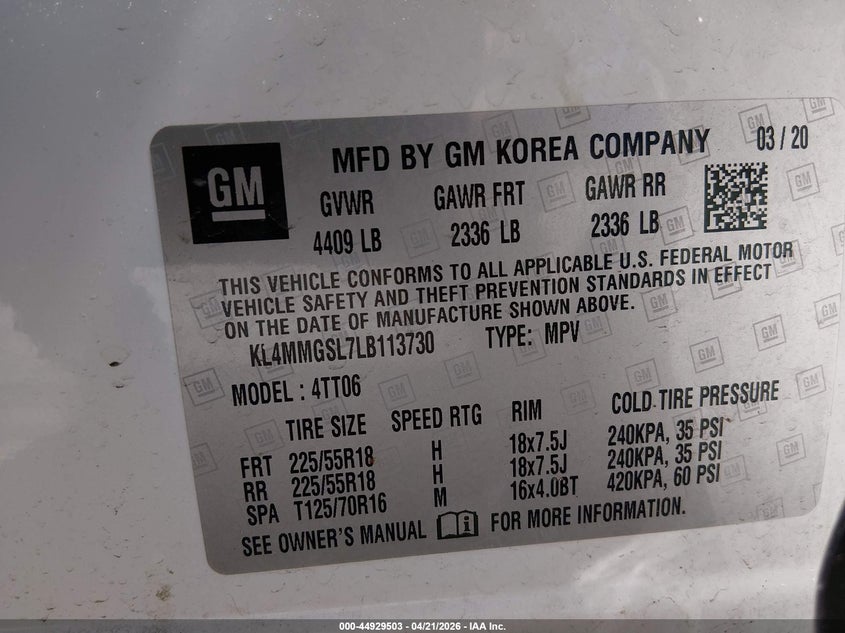 2020 Buick Encore Gx Awd Essence VIN: KL4MMGSL7LB113730 Lot: 44929503