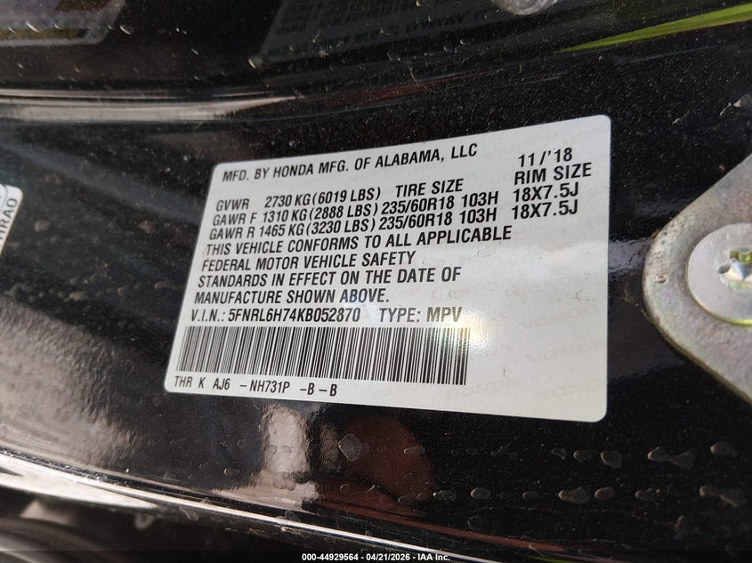 VIN 5FNRL6H74KB052870 2019 HONDA ODYSSEY EX-L