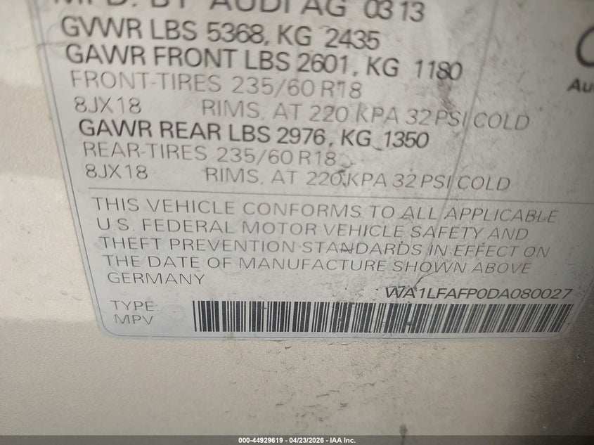 2013 Audi Q5 2.0T Premium VIN: WA1LFAFP0DA080027 Lot: 44929619