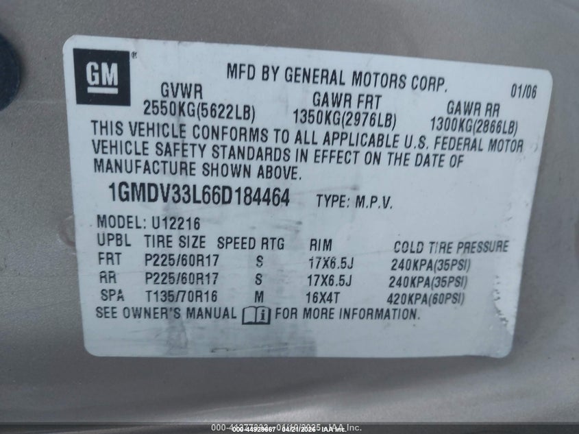 2006 Pontiac Montana Sv6 VIN: 1GMDV33L66D184464 Lot: 44929667