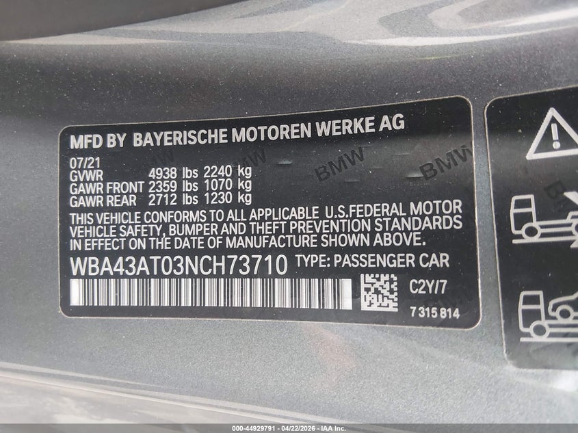 2022 BMW 430I xDrive VIN: WBA43AT03NCH73710 Lot: 44929791