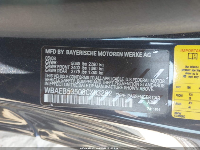 2008 BMW 650I VIN: WBAEB53508CX63292 Lot: 44929901