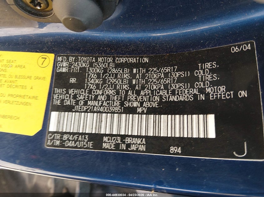 2004 Toyota Highlander Limited V6 VIN: JTEDP21A940039851 Lot: 44930034