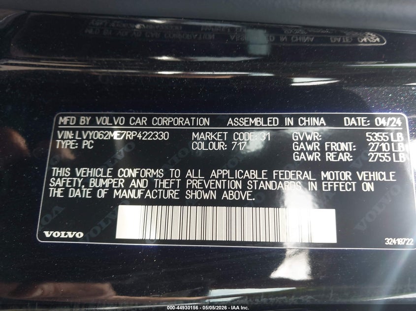 2024 Volvo S90 B6 Plus VIN: LVY062ME7RP422330 Lot: 44930156