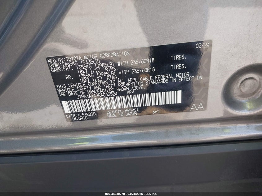 2024 Toyota Bz4X Xle VIN: JTMAAAAA2RA033524 Lot: 44930270
