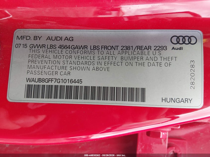 2016 Audi A3 2.0T Premium VIN: WAUB8GFF7G1016445 Lot: 44930362