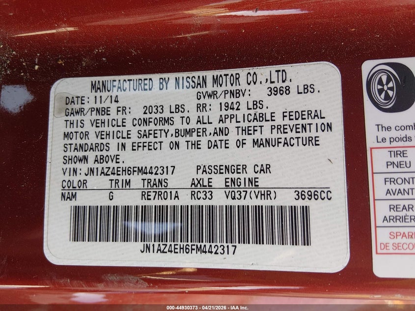 2015 Nissan 370Z VIN: JN1AZ4EH6FM442317 Lot: 44930373