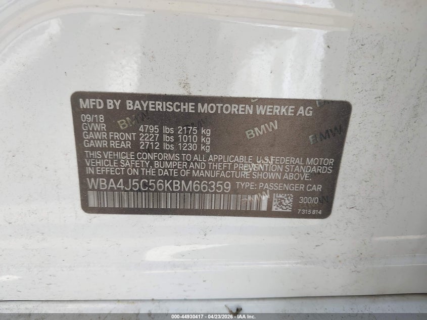 2019 BMW 440I Gran Coupe VIN: WBA4J5C56KBM66359 Lot: 44930417