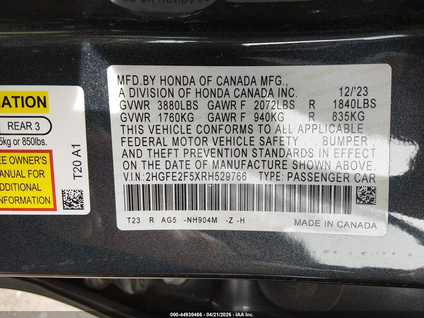 VIN 2HGFE2F5XRH529766 2024 HONDA CIVIC SPORT