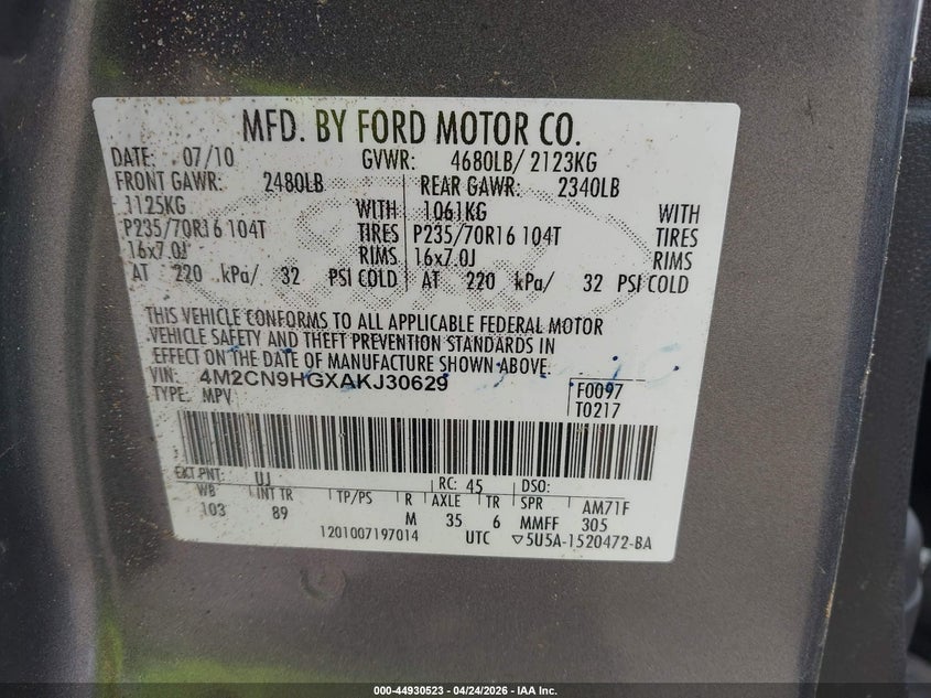 2010 Mercury Mariner Premier VIN: 4M2CN9HGXAKJ30629 Lot: 44930523