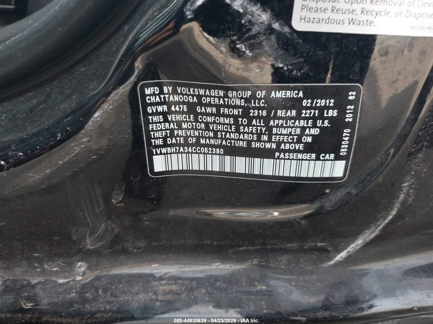 2012 Volkswagen Passat 2.5L Se VIN: 1VWBH7A34CC052380 Lot: 44930639
