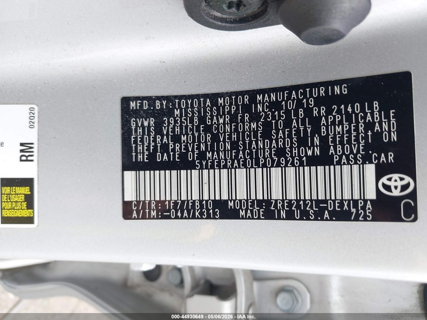 2020 TOYOTA COROLLA SEDAN 1.8L I-4 DOHC, VVT, 139HP